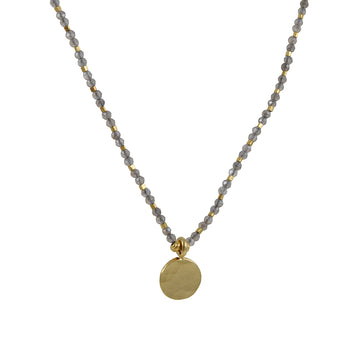 Debbie Fisher – Labradorite & Seed Bead Necklace with Hammered Medallion