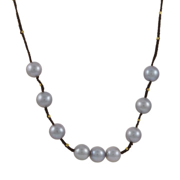 Danielle Welmond - Silver pearls on Brown silk cord Necklace