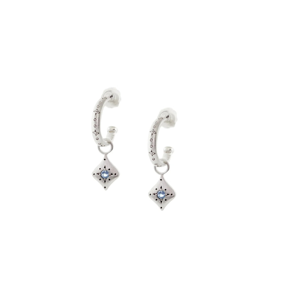 Silver Night Charm Hoop Earrings with Aquamarine