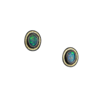Kothari - Mixed Metal Bezeled Boulder Opal Stud Earrings - The Clay Pot - Kothari - 18k gold, All Earrings, celestial, color, Earrings:Studs, opal, studs