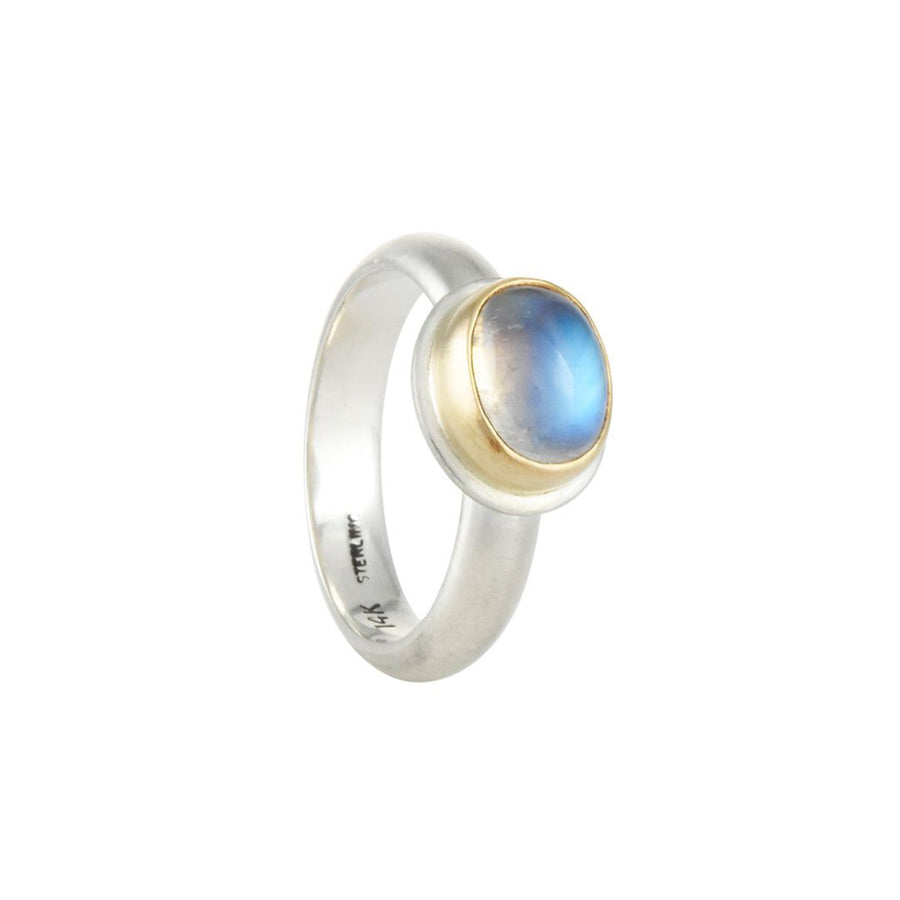Halcyon - Moonbeam Ring With Blue Moonstone Cabochon - The Clay Pot - Halcyon - 14k gold, artsy, celestial, lunar, moonstone, ring, Size 7, Sterling Silver, Style:Statement Ring