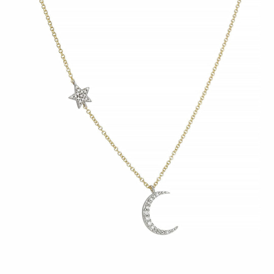 Liven - Star and Moon Necklace With Pave-Set White Diamonds - The Clay Pot - Liven Co. - 14k gold, 14k white gold, classic, diamond, lunar, necklace, pave, Style:Single Pendant