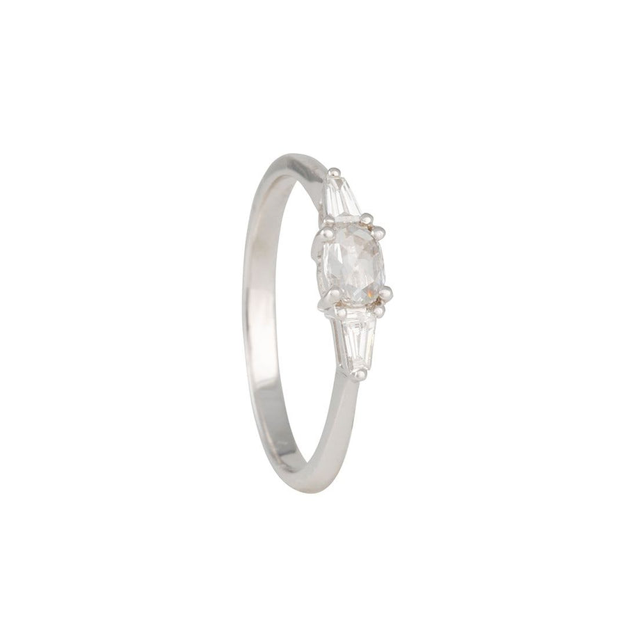 Liven - Three Stone Ring With Oval Rose Cut Diamond in 14K White Gold - The Clay Pot - Liven Co. - 14k white gold, diamondring, diamonds, engagementring, ring, rings, rosecut diamond, Size 6