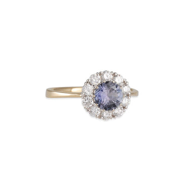Lori Mclean - Montana Sapphire Diamond Halo Ring - The Clay Pot - Lori McLean - 14k gold, 14k white gold, Diamond, engagementring, oneofakind, ring, Sapphire, Size 7.5