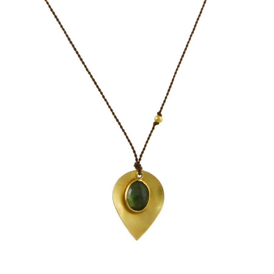 Margaret Solow - Green Tourmaline and Gold Leaf Pendant - The Clay Pot - Margaret Solow - color, consignment, msts, neckalce, Necklace, Style:Single Pendant, tourmaline, weird