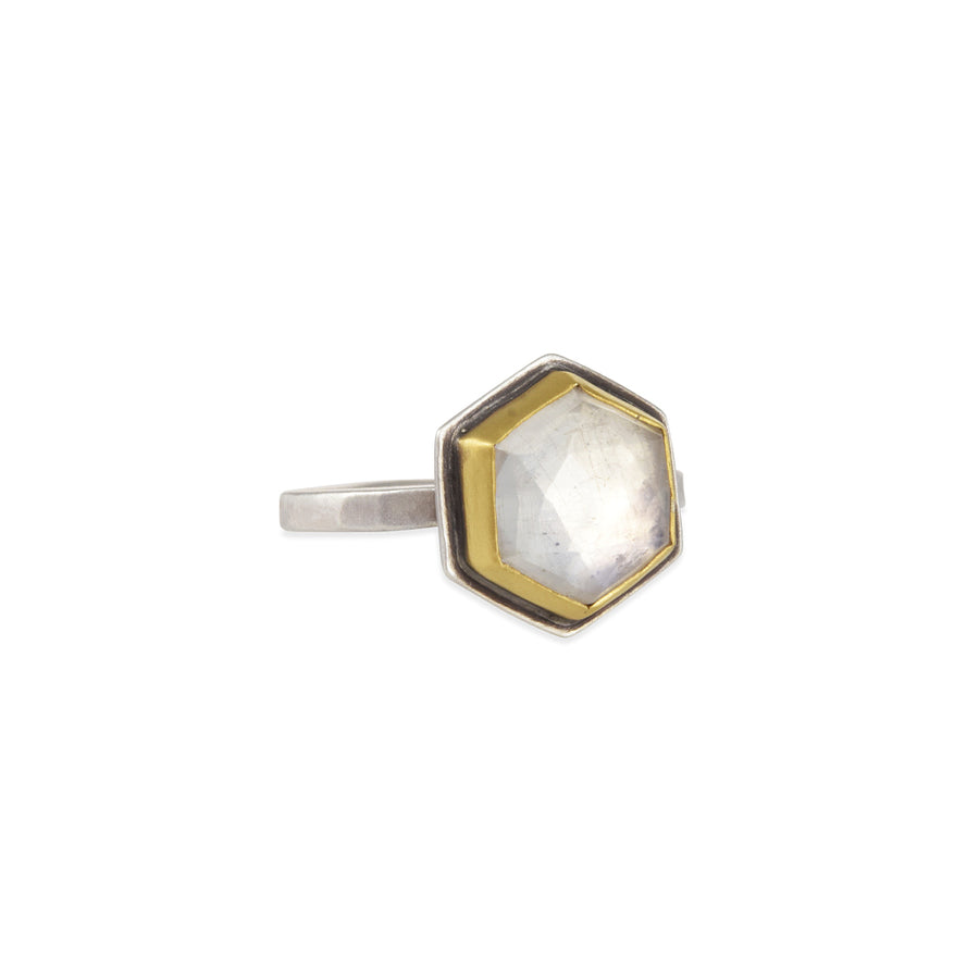 Ananda Khalsa - Hexagon Moonstone Ring with 22k bezel