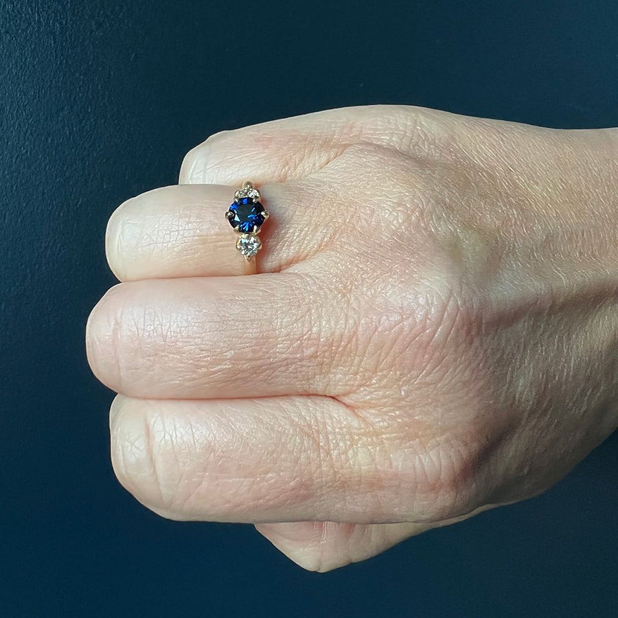 Rebecca Overmann - Three Stone Ring with Sapphire and Diamonds - The Clay Pot - Rebecca Overmann - 14k gold, Diamond, engagementring, oneofakind, ring, sapphire, Size 7, stonering