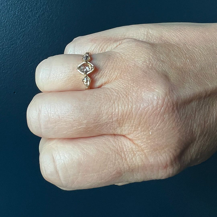 Rebecca Overmann - Pebble and Kite Diamond Three Stone Ring - The Clay Pot - Rebecca Overmann - 14k gold, Diamond, engagement ring, ring, rosecut diamond, Size 6.5