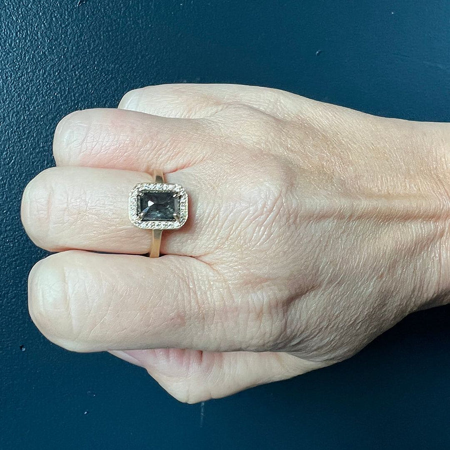 Rebecca Overmann - Emerald Cut Grey Diamond Halo Ring - The Clay Pot - Rebecca Overmann - 14k gold, Diamond, emeraldcut, raw diamond, ring, Size 7