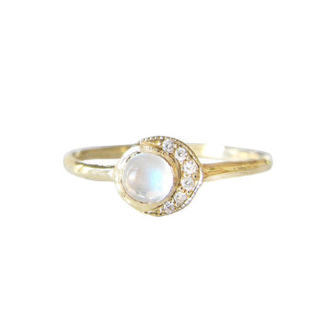 Misa - Baby Moon Diamond and Moonstone Ring - The Clay Pot - Misa Jewelry - 14k gold, celestial, Diamond, moonstone, ring, Size 6, statement ring, Style:Statement Ring