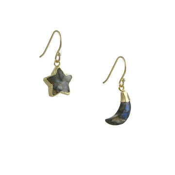 A. V. Max - Moon and Star Earrings With Labradorite - The Clay Pot - A.V. Max - All Earrings, celestial, color, dangle earrings, earrings, goldfill, Labradorite, lunar, moonstone