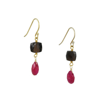 A. V. Max - Ruby and Smoky Quartz Double Drop Earrings - The Clay Pot - A.V. Max - All Earrings, d, dangle earrings, dangleearrings, dropearrings, earrings, goldfill, holiday, quartz, ruby, Style:Dangle Earrings, vday