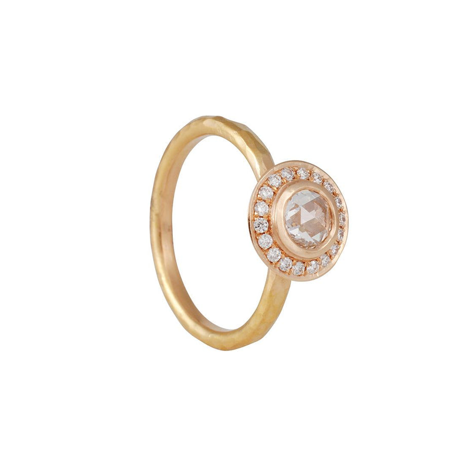 Annie Fensterstock - Rose Cut Diamond in a Halo Setting - The Clay Pot - Annie Fensterstock - 18k gold, 18k rose gold, DFcollection, Diamond, engagementring, ring, rosecut diamond, Size 7