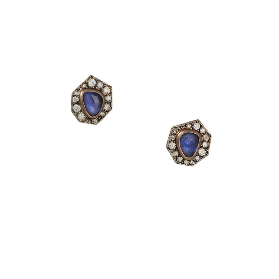 Annie Fensterstock - Sapphire Halo Stud Earrings - The Clay Pot - Annie Fensterstock - 18k gold, All Earrings, color, Diamond, earrings, Earrings:Studs, Sapphire, sterlingsilver, studs
