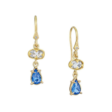 Annie Fensterstock - White and Blue Sapphire Drop Earrings - The Clay Pot - Annie Fensterstock - 18k gold, All Earrings, classic, color, dangle earrings, Diamond, Sapphire, splurge