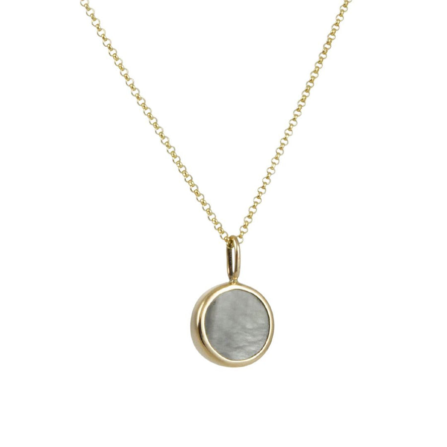 Halcyon - Mini Medallion Necklace With Grey Mother of Pearl - The Clay Pot - Halcyon - 14k gold, artsy, celestial, motherofpearl, Necklace, Style:Single Pendant