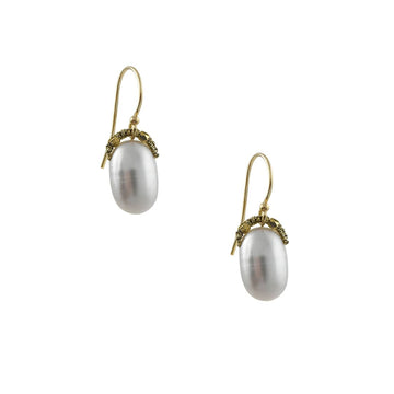 Danielle Welmond - Grey Pearl Drop Earrings With Woven Bales - The Clay Pot - Danielle Welmond - All Earrings, classic, dangle earrings, Gold fill, pearl