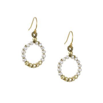 Danielle Welmond - Pearl Hoops with White Pearl and Pyrite Earrings - The Clay Pot - Danielle Welmond - All Earrings, classic, dangle earrings, Earring:Hoops, pearl, Style:Dangle Earrings, vermeil