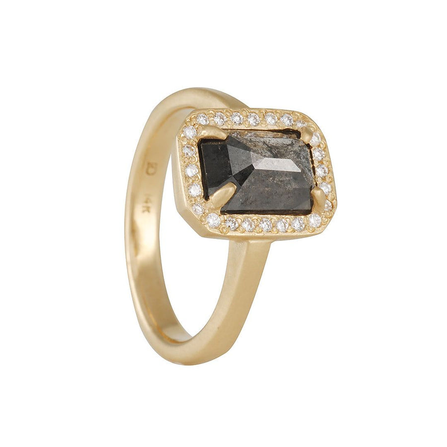 Rebecca Overmann - Emerald Cut Grey Diamond Halo Ring - The Clay Pot - Rebecca Overmann - 14k gold, Diamond, emeraldcut, raw diamond, ring, Size 7