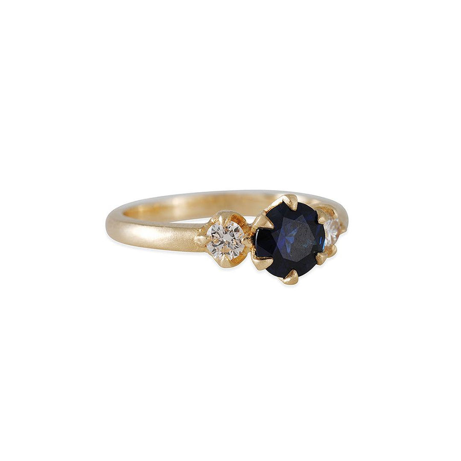 Rebecca Overmann - Three Stone Ring with Sapphire and Diamonds - The Clay Pot - Rebecca Overmann - 14k gold, Diamond, engagementring, oneofakind, ring, sapphire, Size 7, stonering