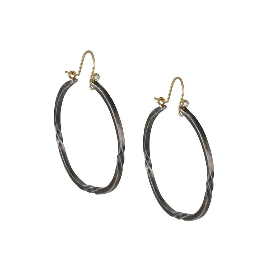 Sarah McGuire - Bias Oval Hoop with Diamond - The Clay Pot - Sarah McGuire - All Earrings, Diamond, Earring:Hoops, Hoops, Mixed Metal, Mixed Metals, Sterling Silver